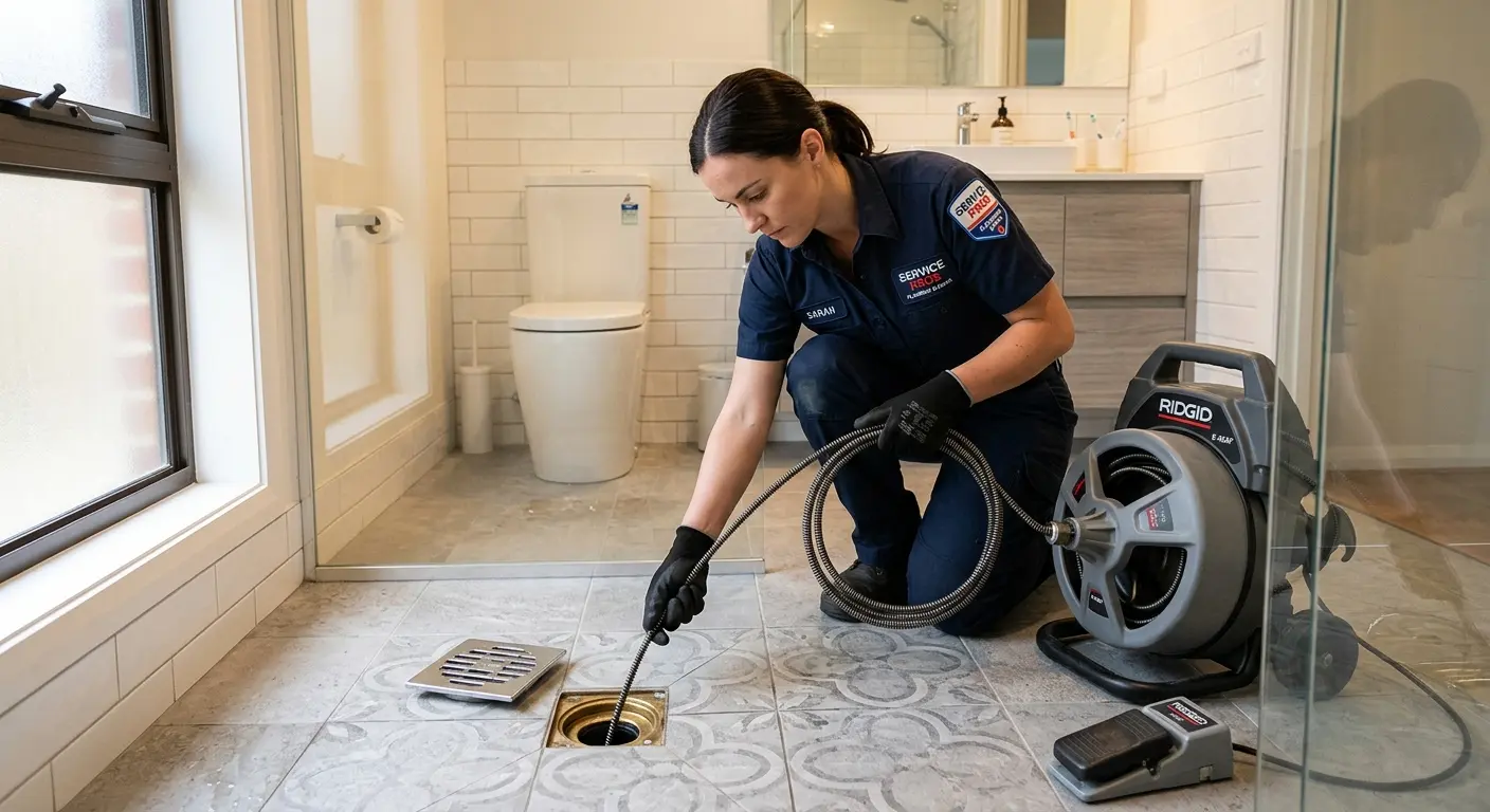 Technician clearing a bathroom floor drain for Sewer Line Replacement in Bothell East